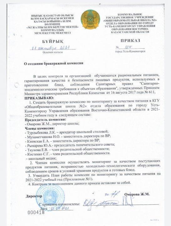 Приказ о создании бракеражной комиссии